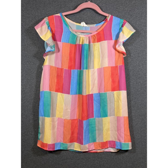 BiBi Tops - BIBI Womens Multicolor Geometric Block Stripe Flutter Sleeve Blouse Top 0627